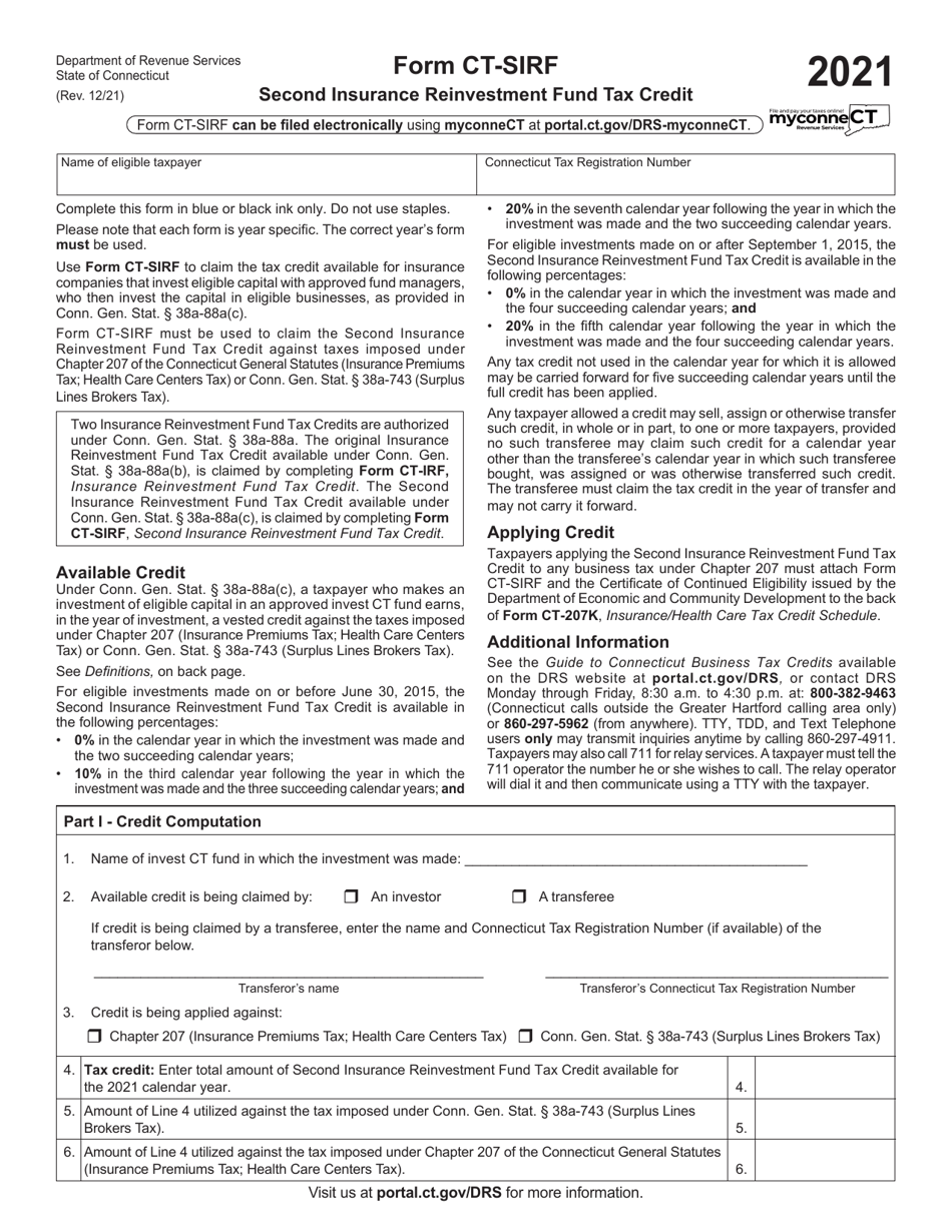 Form CT-SIRF Second Insurance Reinvestment Fund Tax Credit - Connecticut, Page 1