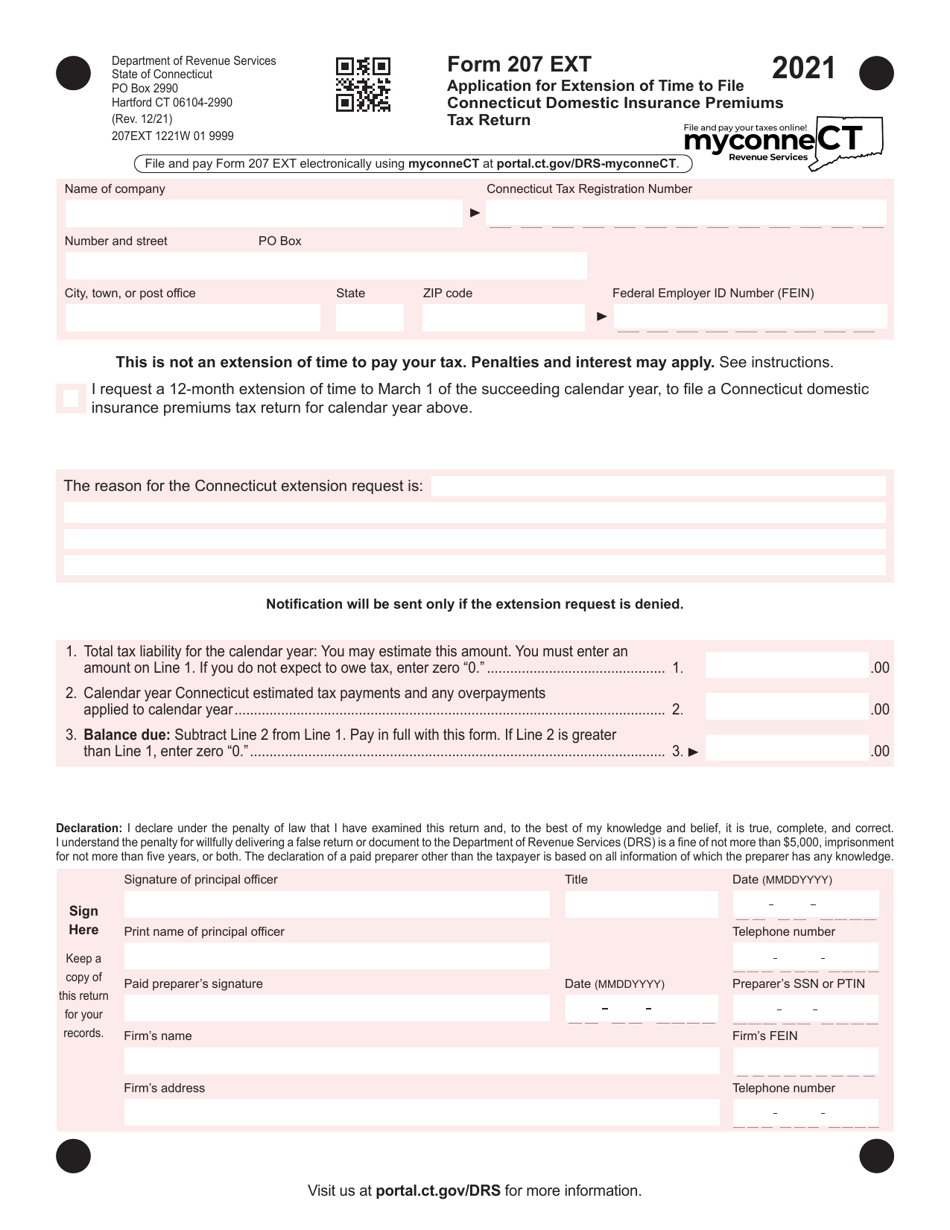 Form 207 EXT Application for Extension of Time to File Connecticut Domestic Insurance Premiums Tax Return - Connecticut, Page 1