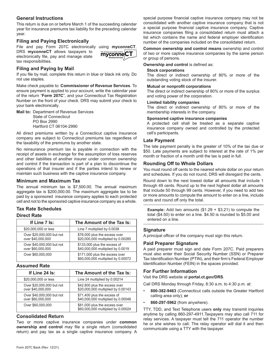 Form 207C Insurance Premiums Tax Return Captive Insurance Companies - Connecticut, Page 2