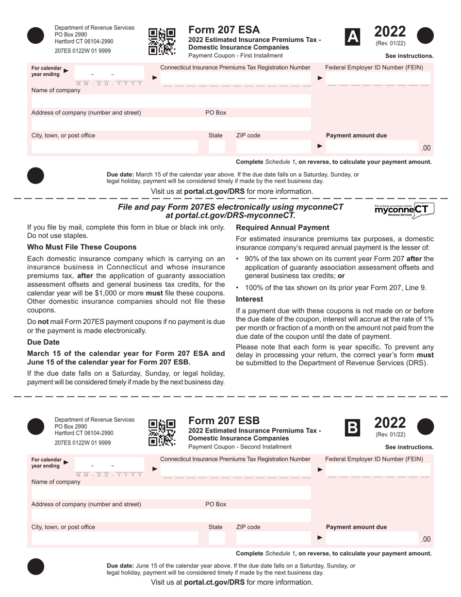 Form 207 ES Estimated Insurance Premiums Tax Payment Coupon - Domestic Insurance Companies - Connecticut, Page 1