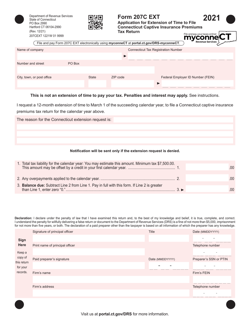 Form 207C EXT Application for Extension of Time to File Connecticut Captive Insurance Premiums Tax Return - Connecticut, Page 1