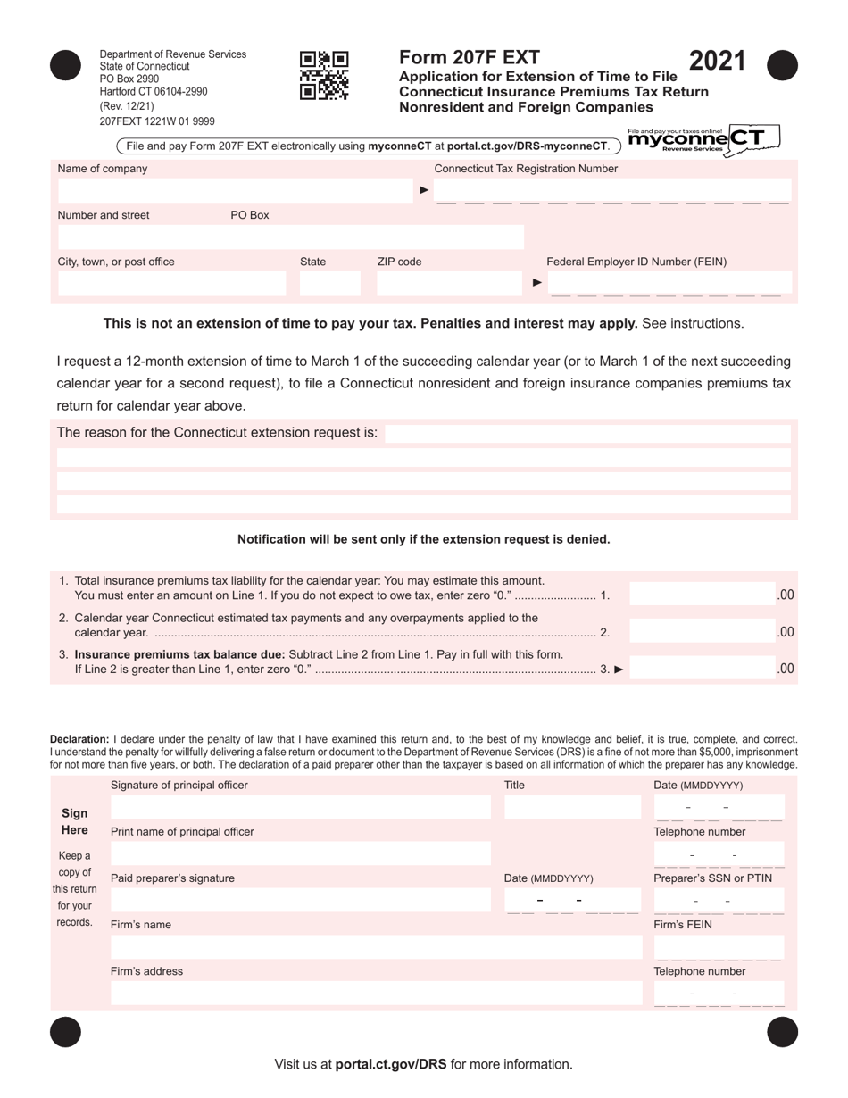 Form 207F EXT Application for Extension of Time to File Connecticut Insurance Premiums Tax Return Nonresident and Foreign Companies - Connecticut, Page 1