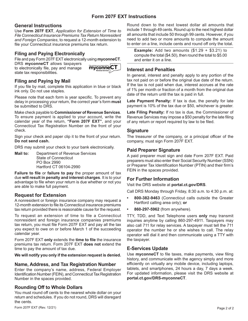 Form 207F EXT Application for Extension of Time to File Connecticut Insurance Premiums Tax Return Nonresident and Foreign Companies - Connecticut, Page 2