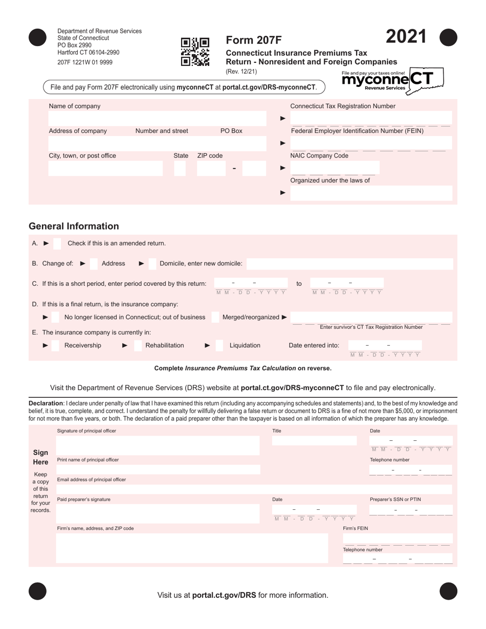 Form 207F Connecticut Insurance Premiums Tax Return - Nonresident and Foreign Companies - Connecticut, Page 1
