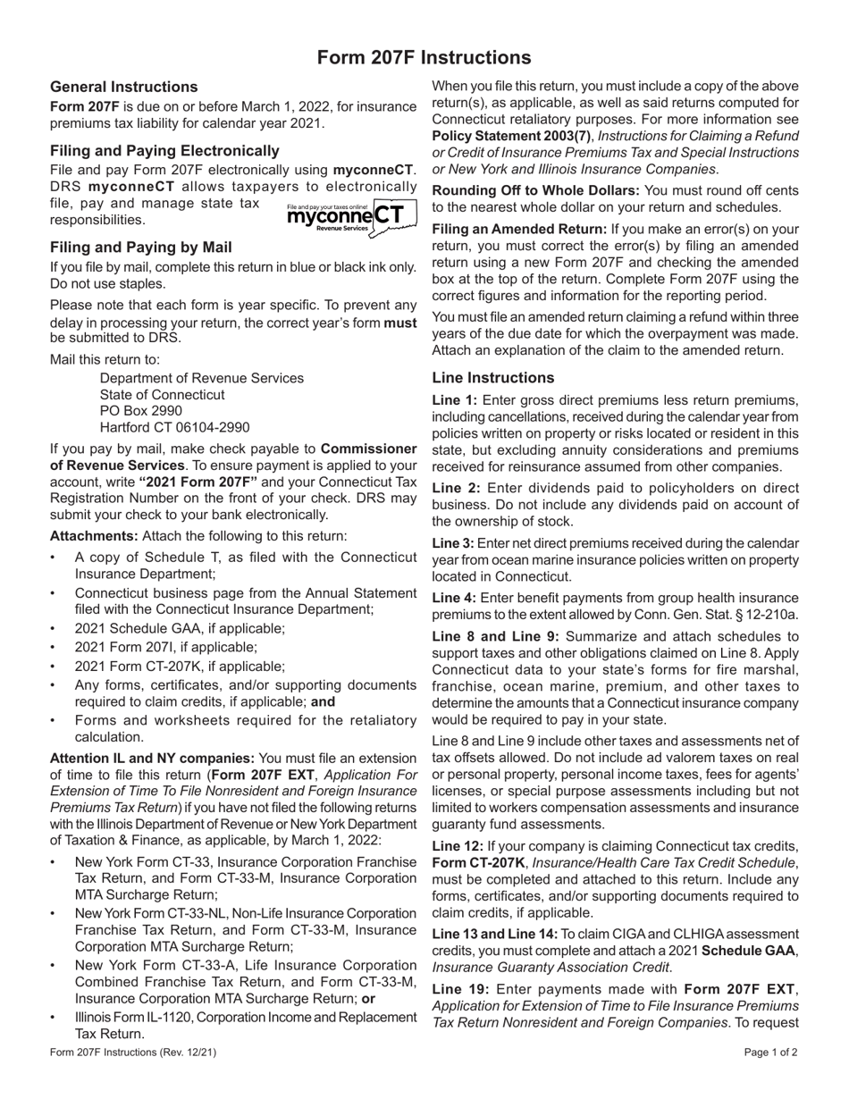 Form 207F Connecticut Insurance Premiums Tax Return - Nonresident and Foreign Companies - Connecticut, Page 3