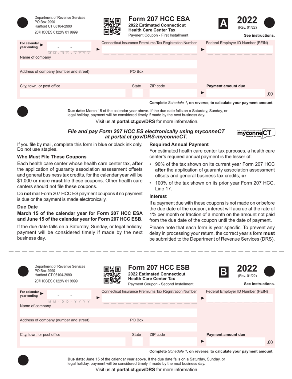 Form 207 HCC ES Estimated Connecticut Health Care Center Tax - Connecticut, Page 1