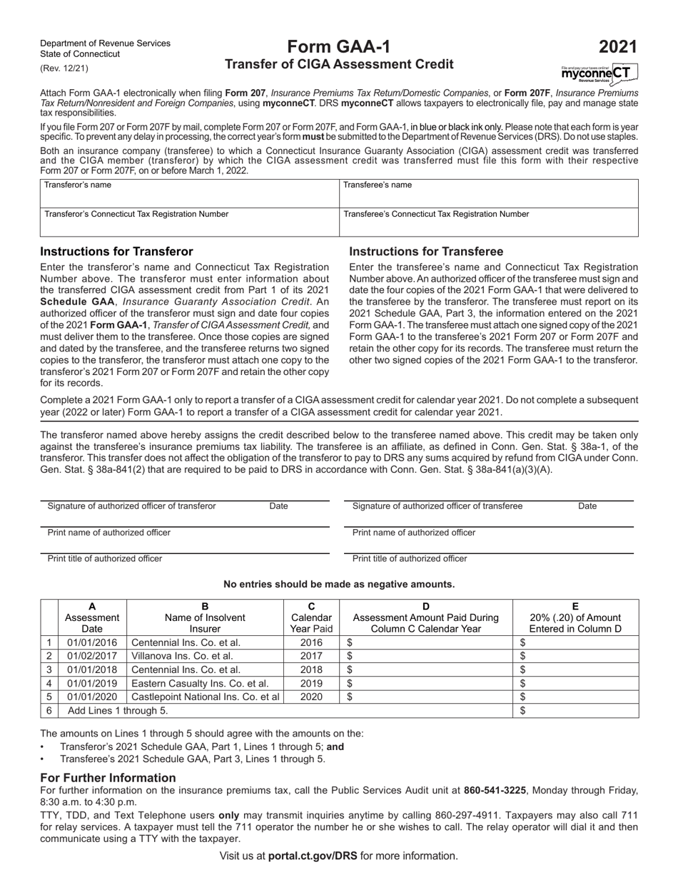 Form GAA-1 Transfer of Ciga Assessment Credit - Connecticut, Page 1