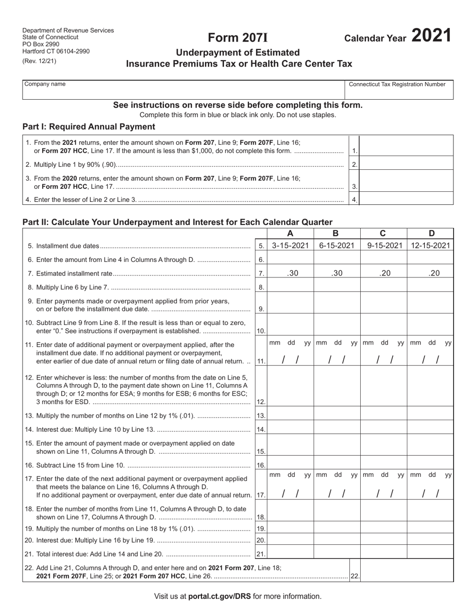 Form 207I Underpayment of Estimated Insurance Premiums Tax or Health Care Center Tax - Connecticut, Page 1