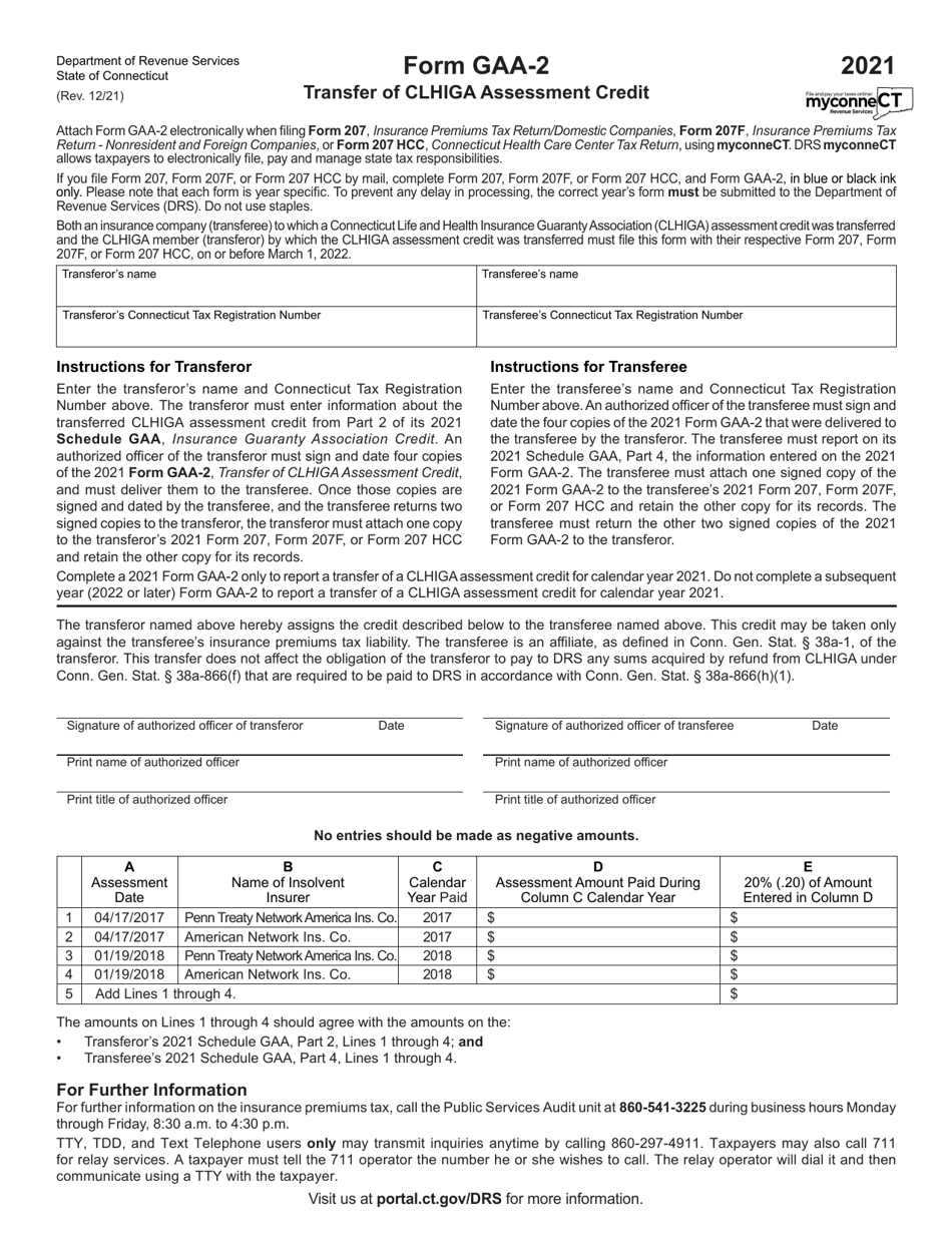 Form GAA-2 Transfer of Clhiga Assessment Credit - Connecticut, Page 1