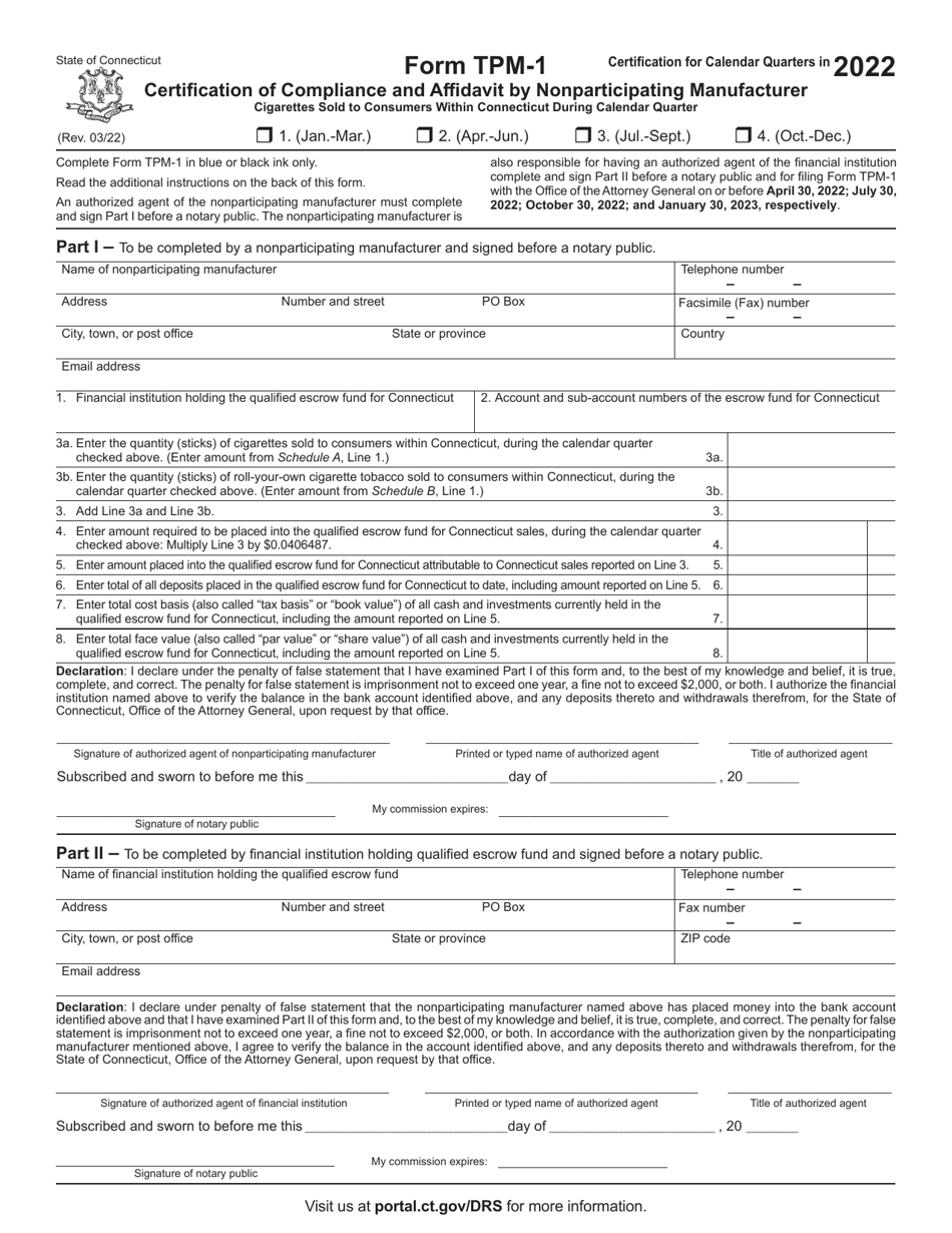 Form TPM-1 Certification of Compliance and Affidavit by Nonparticipating Manufacturer - Cigarettes Sold to Consumers Within Connecticut During Calendar Quarter - Connecticut, Page 1