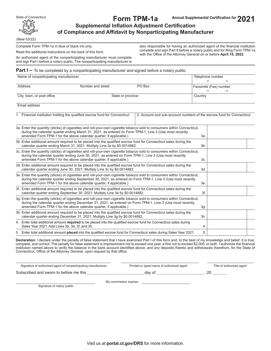 Form TPM-1A Supplemental Inflation Adjustment Certification of Compliance and Affidavit by Nonparticipating Manufacturer - Connecticut, Page 1