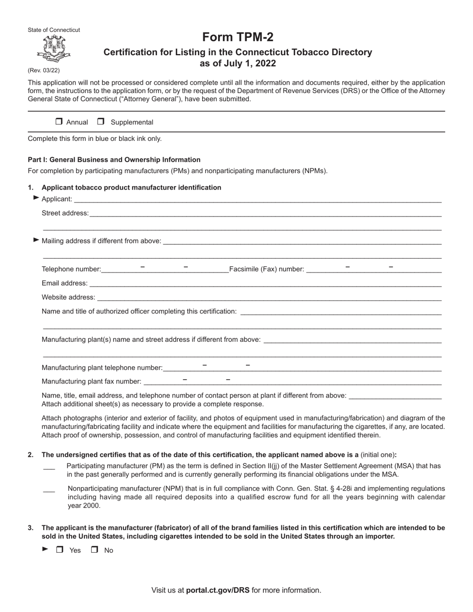 Form TPM-2 Certification for Listing in the Connecticut Tobacco Directory - Connecticut, Page 1