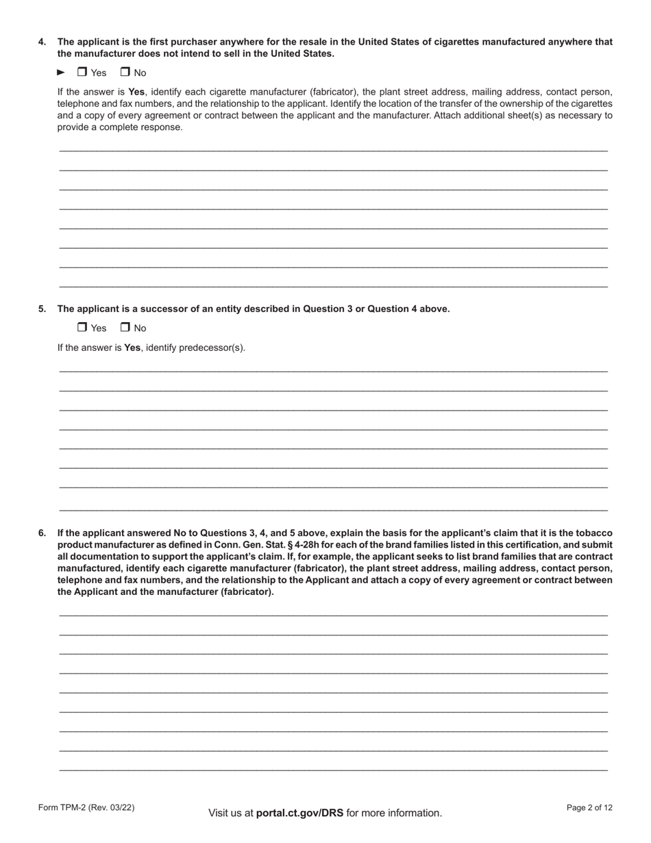 Form TPM-2 Certification for Listing in the Connecticut Tobacco Directory - Connecticut, Page 2