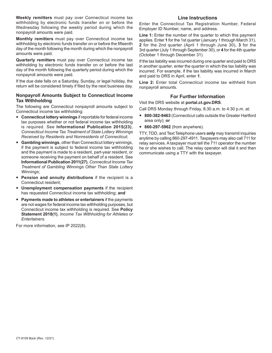 Form CT-8109 Connecticut Income Tax Withholding Payment Form for Nonpayroll Amounts - Connecticut, Page 2