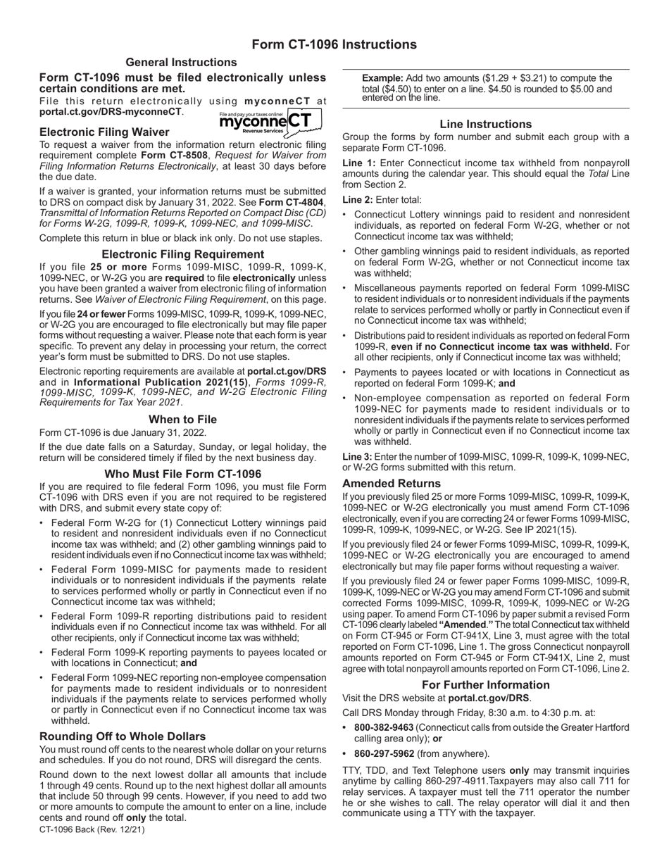 Form CT-1096 Connecticut Annual Summary and Transmittal of Information Returns - Connecticut, Page 2