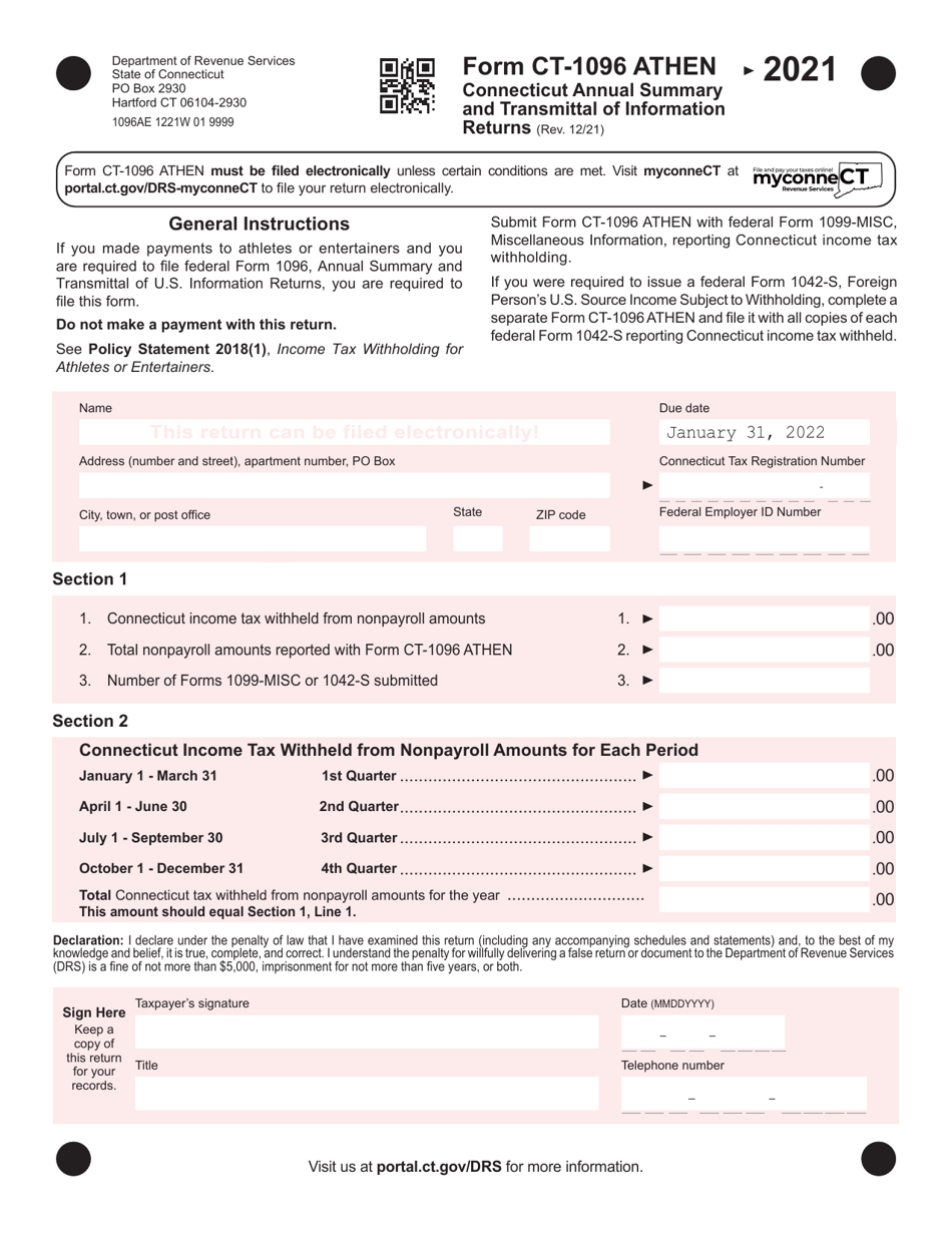 Form CT-1096 ATHEN Connecticut Annual Summary and Transmittal of Information Returns - Connecticut, Page 1