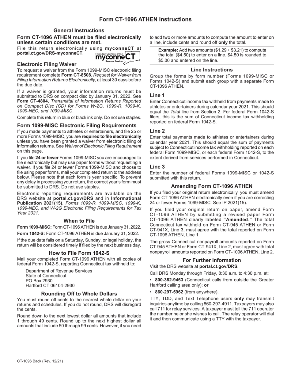 Form CT-1096 ATHEN Connecticut Annual Summary and Transmittal of Information Returns - Connecticut, Page 2