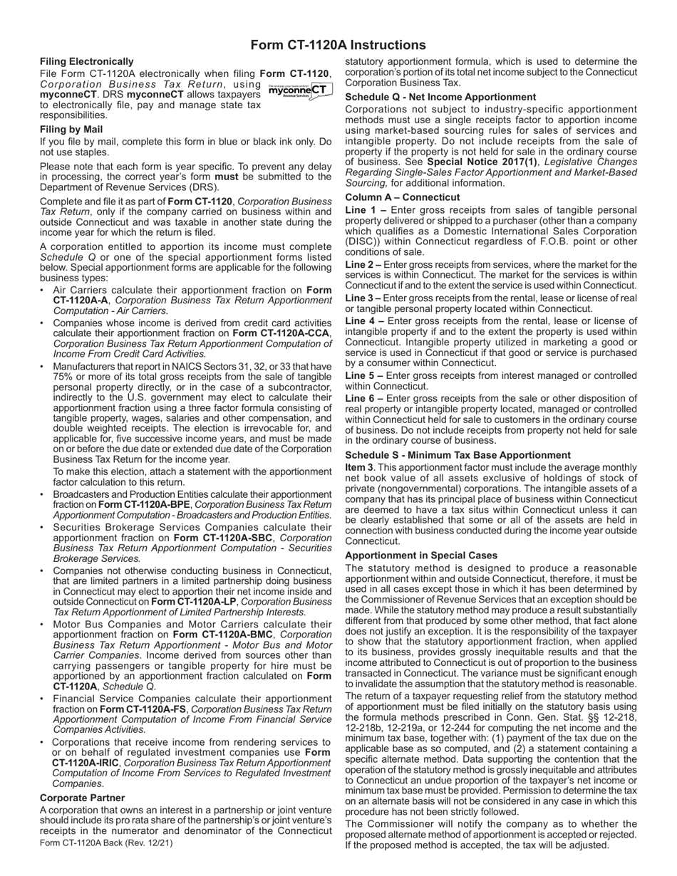 Form CT-1120A Corporation Business Tax Return Apportionment Computation - Connecticut, Page 2