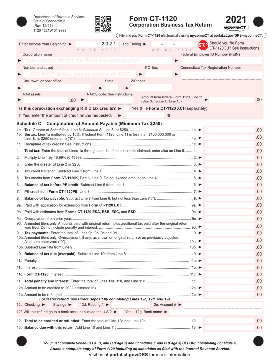 Form CT-1120 Corporation Business Tax Return - Connecticut, Page 1