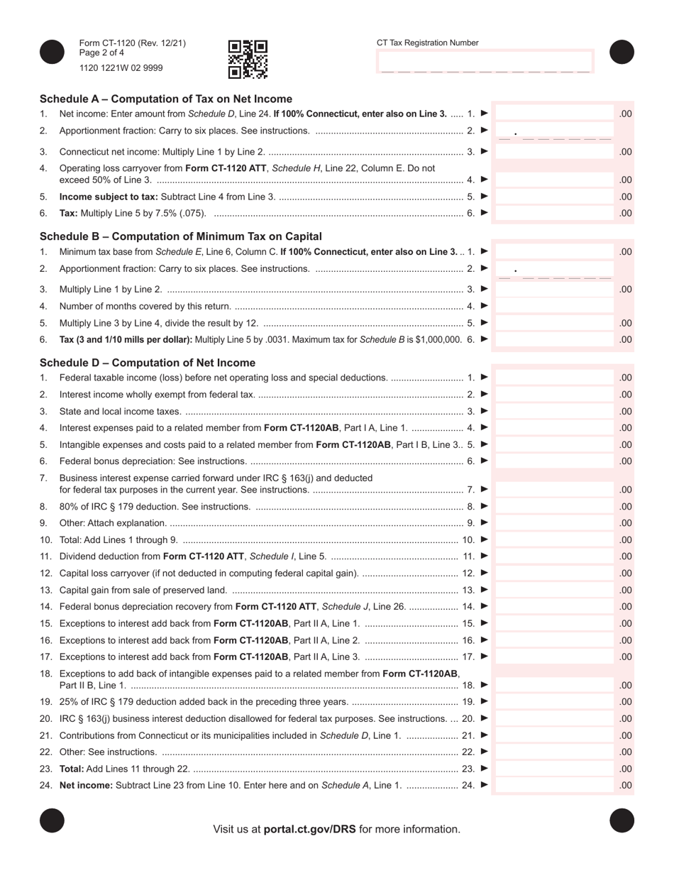 Form CT-1120 Corporation Business Tax Return - Connecticut, Page 2