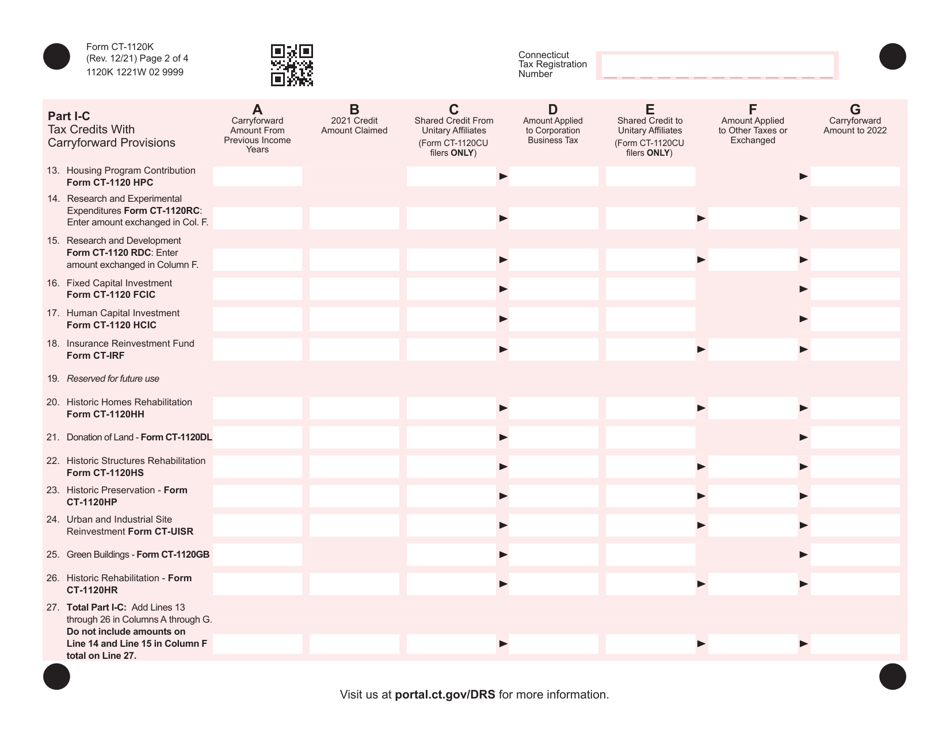 Form CT-1120K Business Tax Credit Summary - Connecticut, Page 2