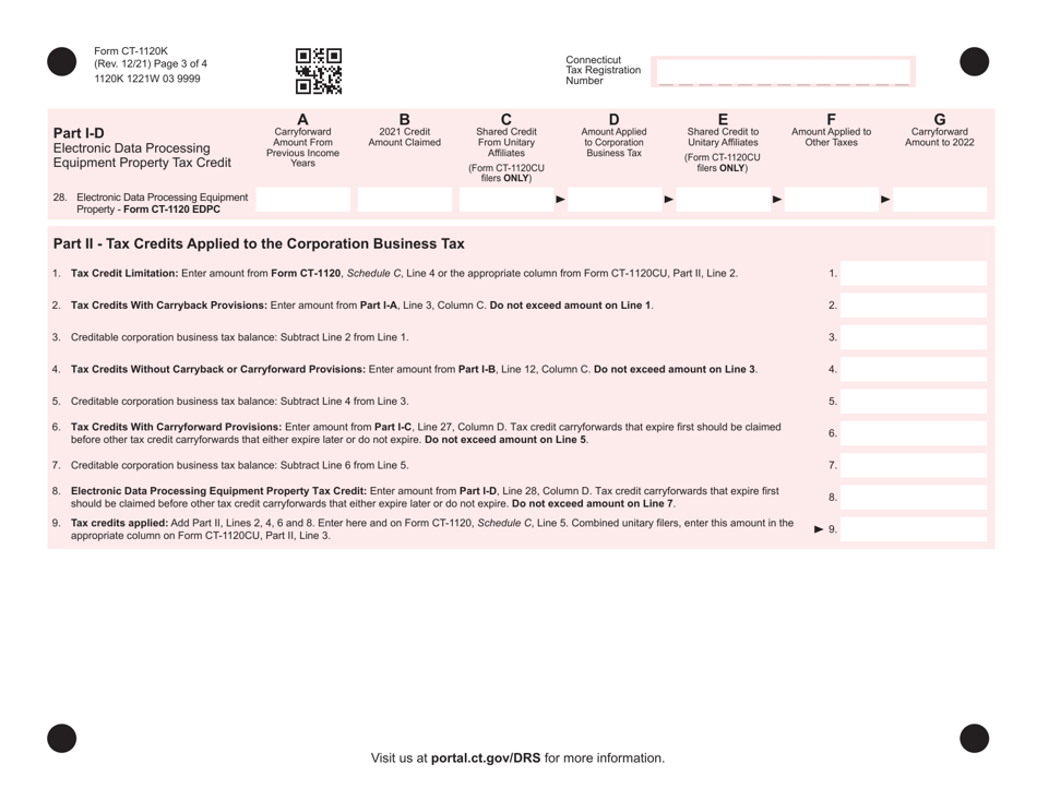 Form CT-1120K Business Tax Credit Summary - Connecticut, Page 3