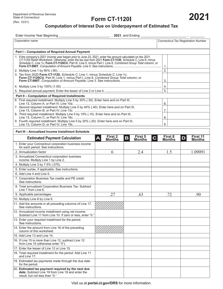 Form CT-1120I Computation of Interest Due on Underpayment of Estimated Tax - Connecticut, Page 1