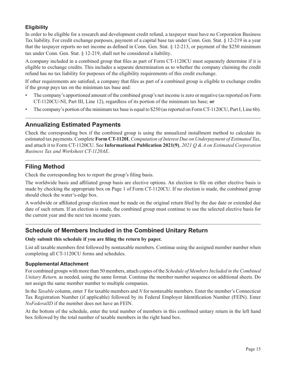 Instructions for Form CT-1120CU, CT-1120CU-MI, CT-1120CU-NI, CT-1120CU-MTB, CT-1120A-CU, CT-1120CU-NCB - Connecticut, Page 15