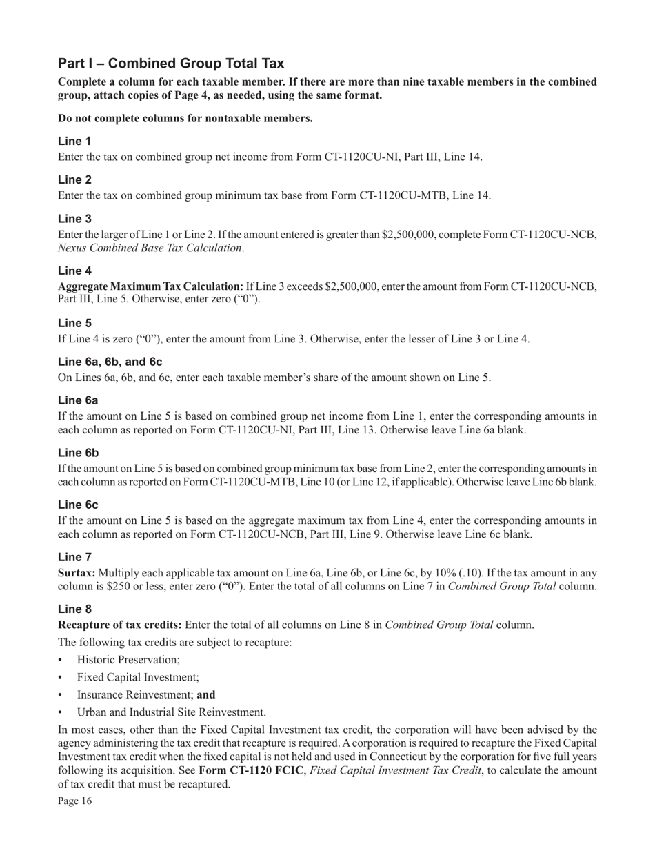 Instructions for Form CT-1120CU, CT-1120CU-MI, CT-1120CU-NI, CT-1120CU-MTB, CT-1120A-CU, CT-1120CU-NCB - Connecticut, Page 16