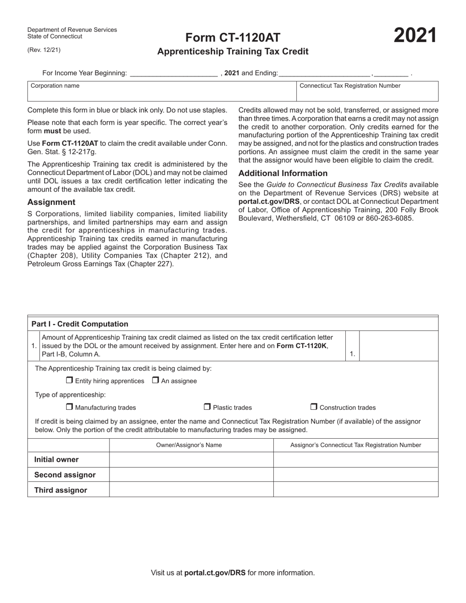 Form CT-1120AT Apprenticeship Training Tax Credit - Connecticut, Page 1