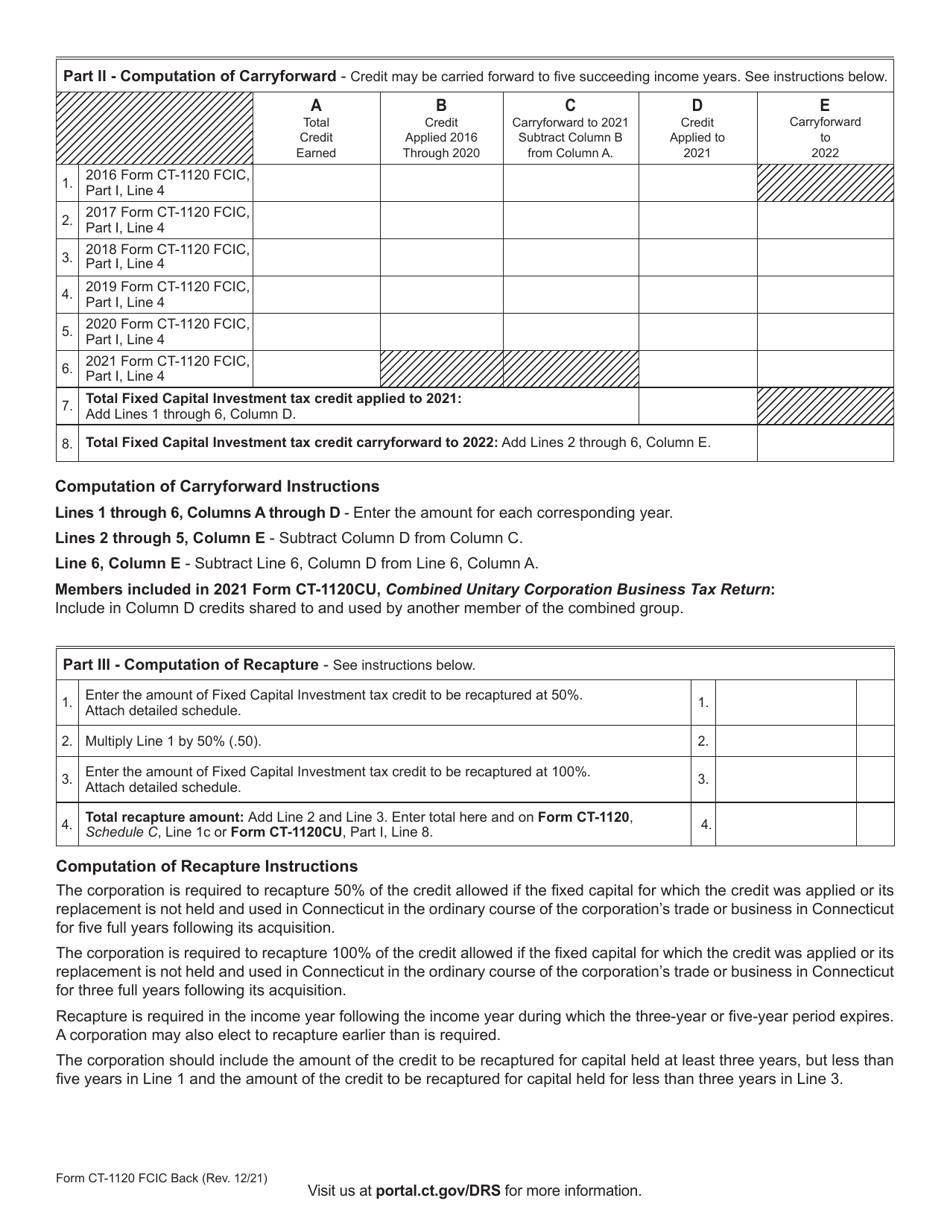 Form CT-1120 FCIC Fixed Capital Investment Tax Credit - Connecticut, Page 2