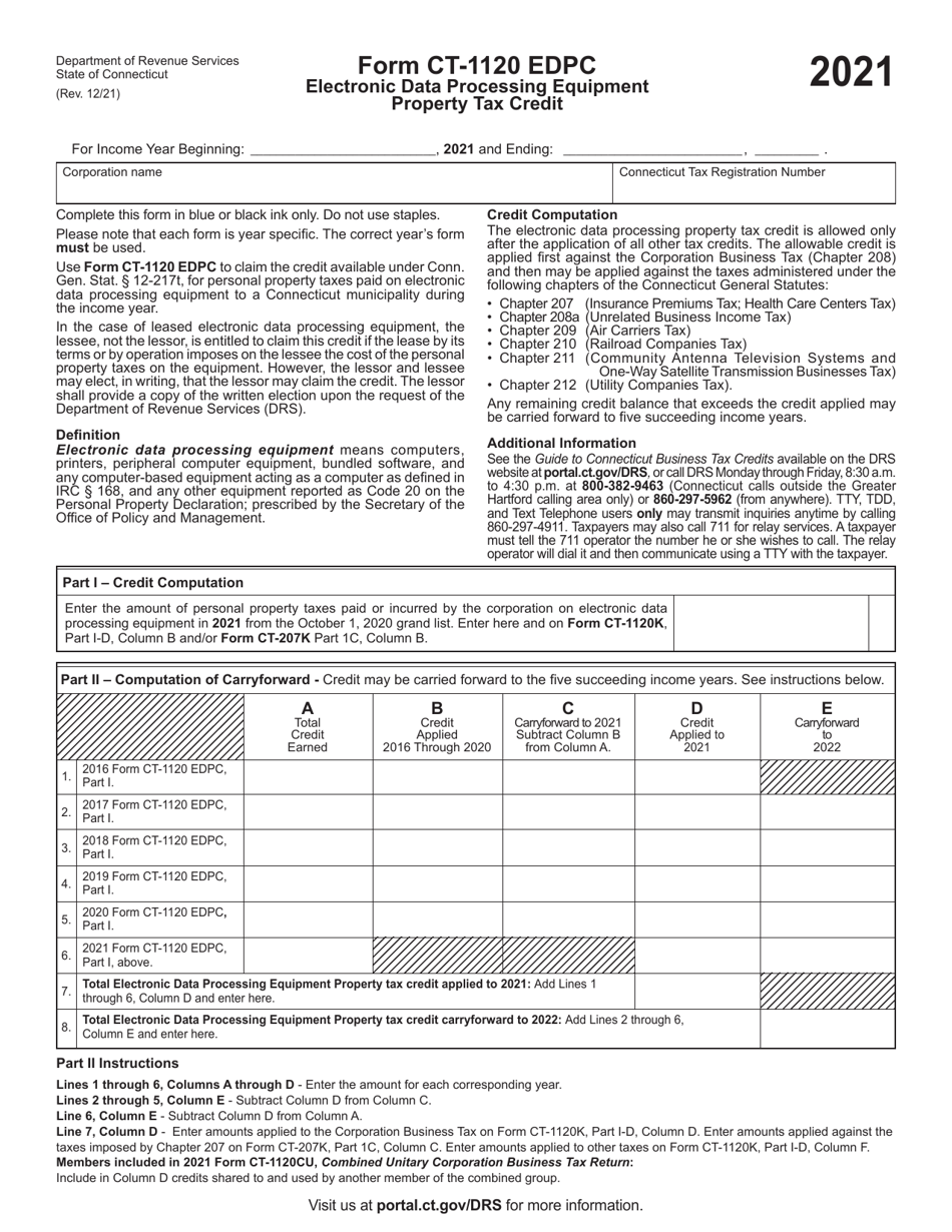 Form CT-1120 EDPC Electronic Data Processing Equipment Property Tax Credit - Connecticut, Page 1