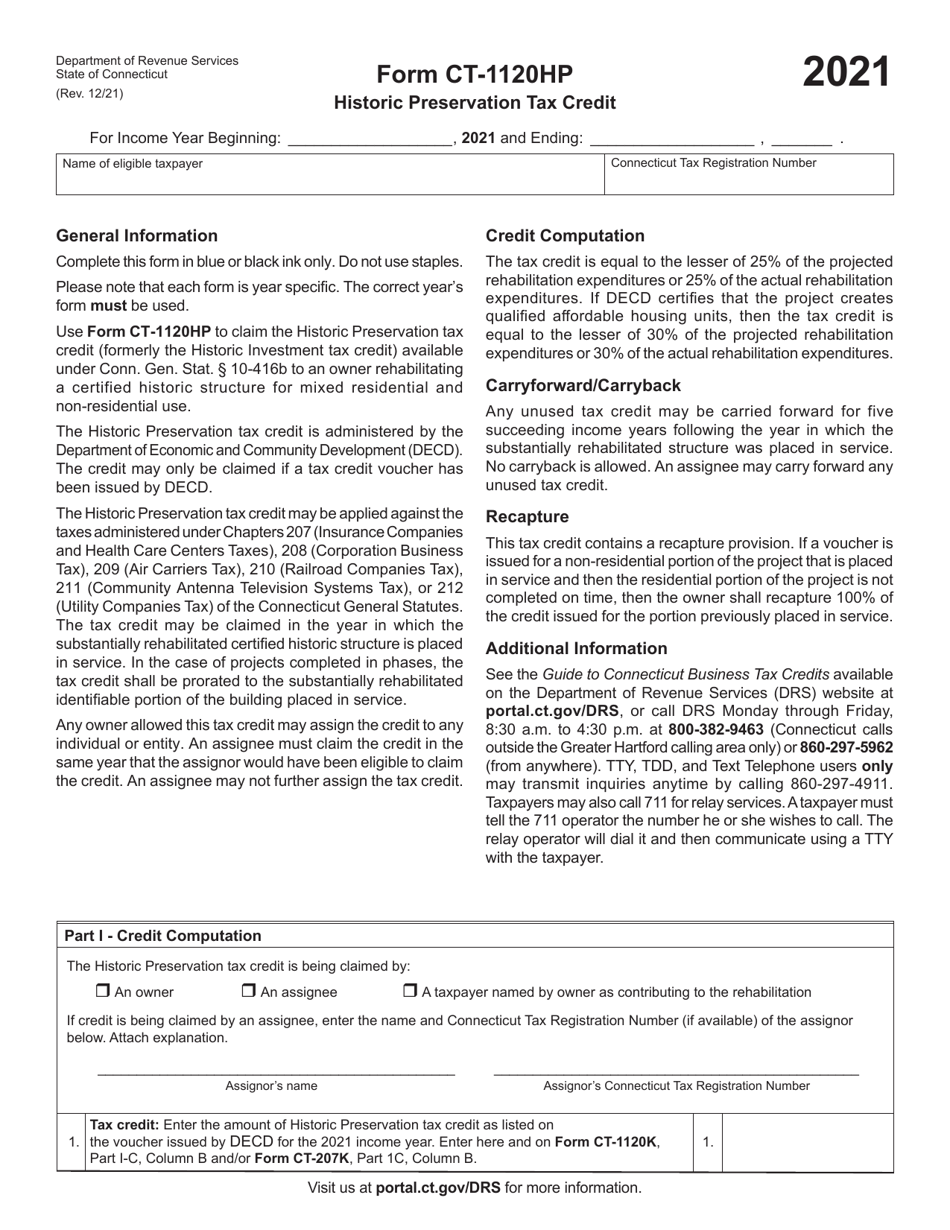 Form CT-1120HP Historic Preservation Tax Credit - Connecticut, Page 1