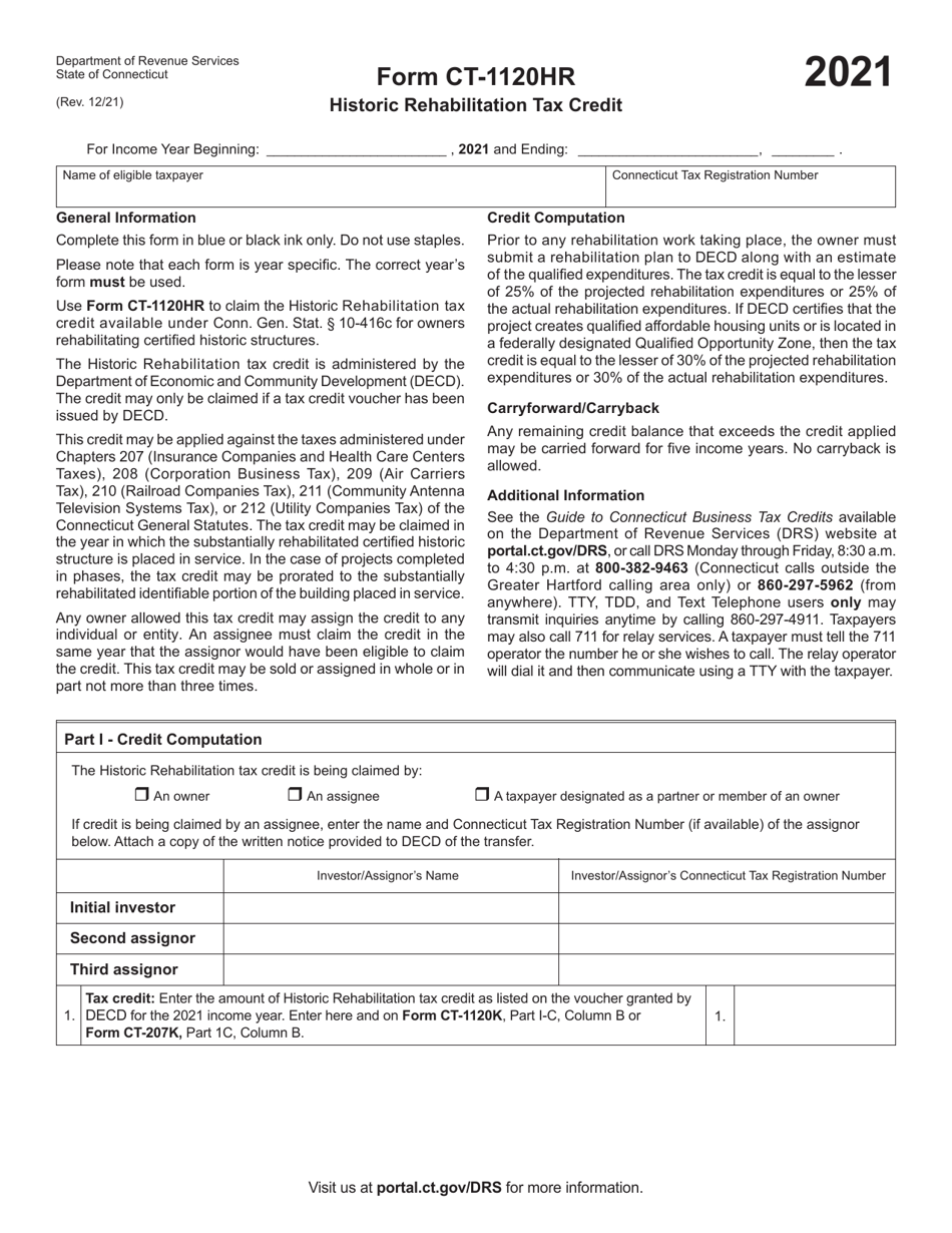 Form CT-1120HR Historic Rehabilitation Tax Credit - Connecticut, Page 1