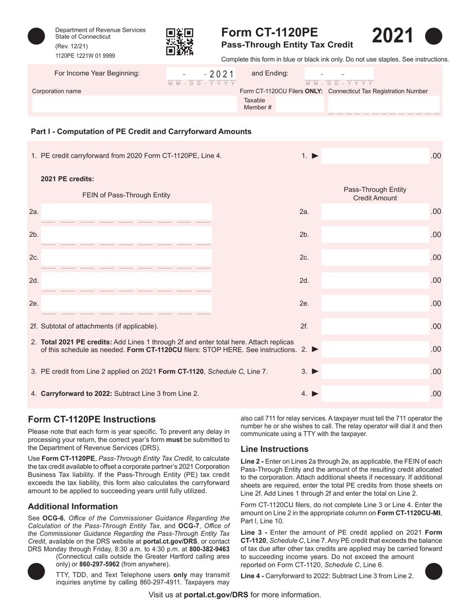 Form CT-1120PE Pass-Through Entity Tax Credit - Connecticut, Page 1