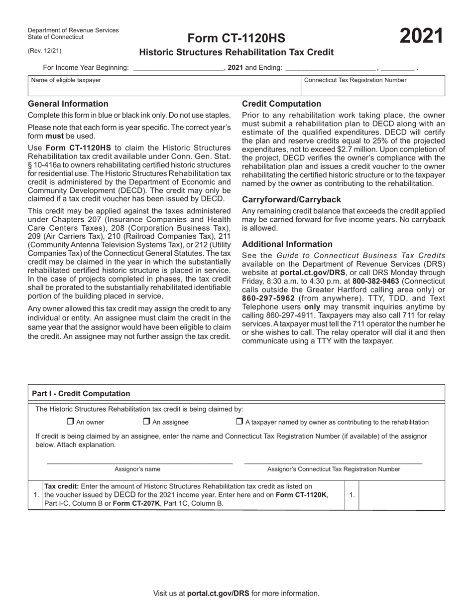 Form CT-1120HS Historic Structures Rehabilitation Tax Credit - Connecticut, Page 1