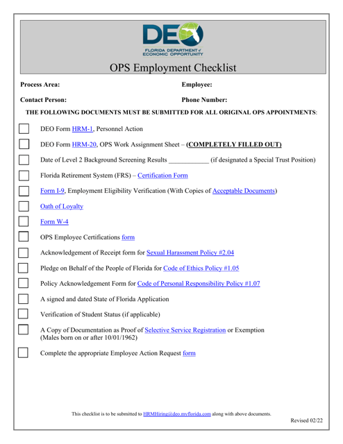 Ops Employment Checklist - Florida Download Pdf