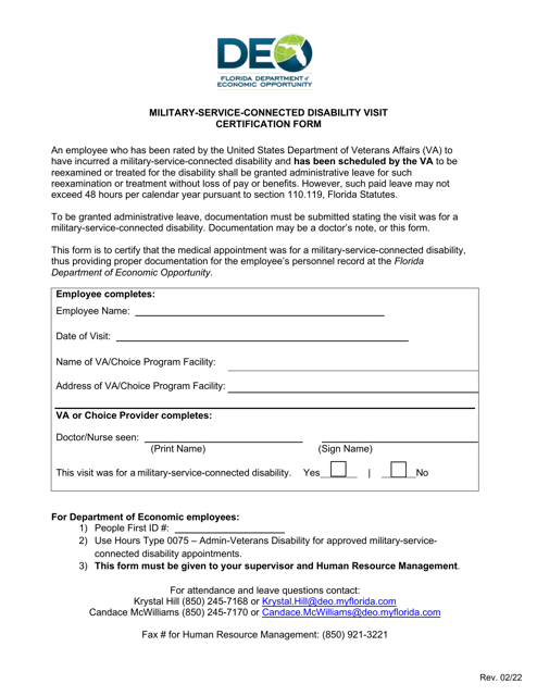 Military-Service-Connected Disability Visit Certification Form - Florida Download Pdf