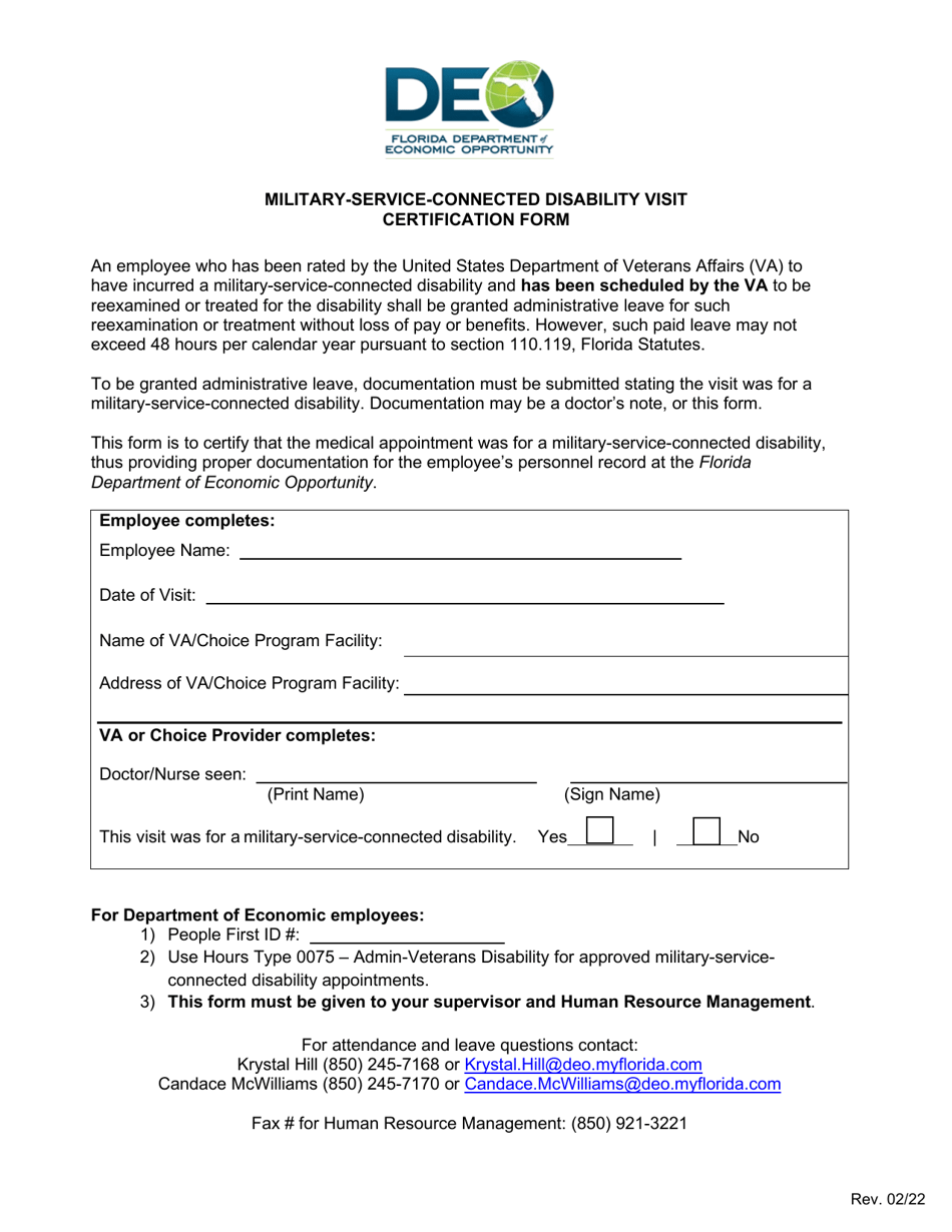 Military-Service-Connected Disability Visit Certification Form - Florida, Page 1