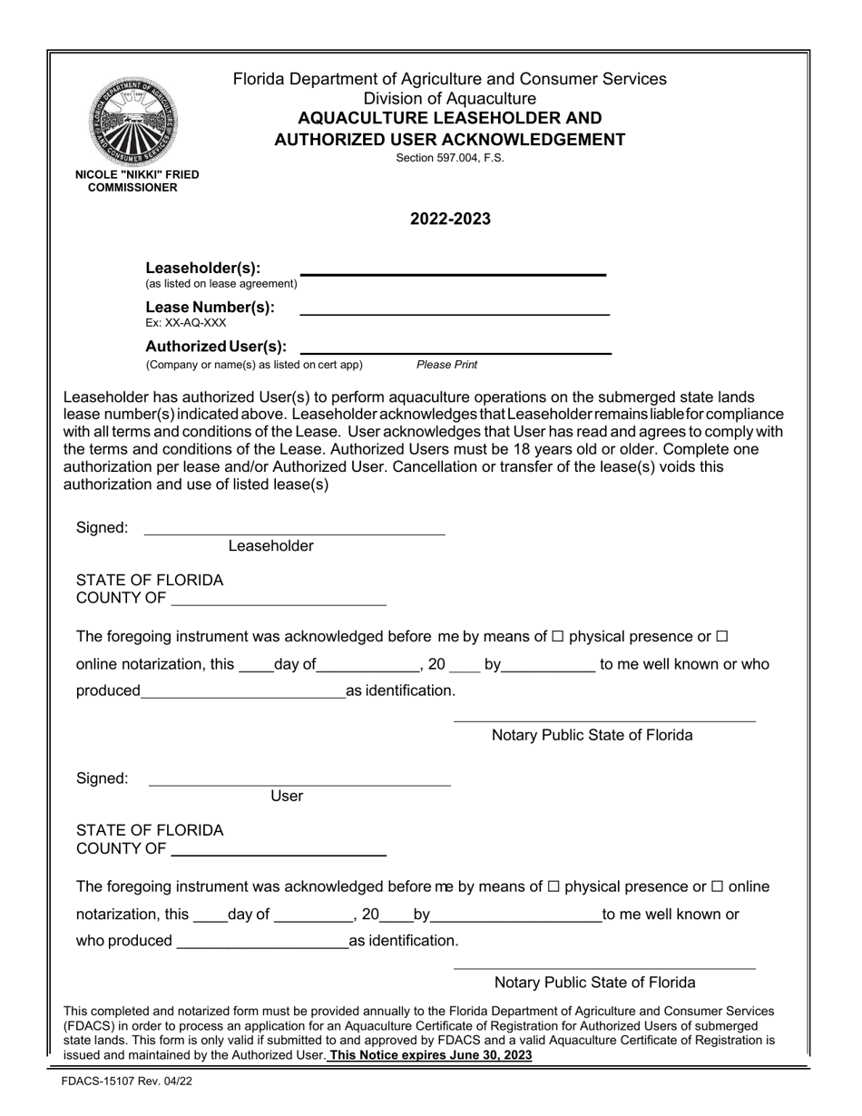 Form FDACS-15107 Aquaculture Leaseholder and Authorized User Acknowledgement - Florida, Page 1