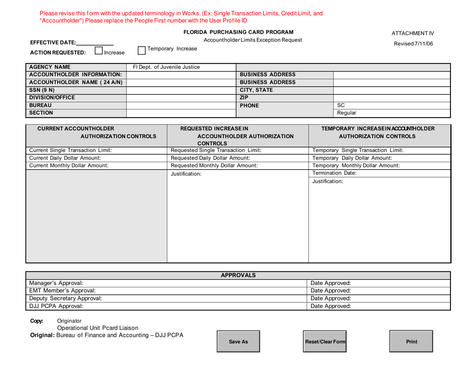 Attachment IV Accountholder Limits Exception Request - Florida Purchasing Card Program - Florida, Page 2