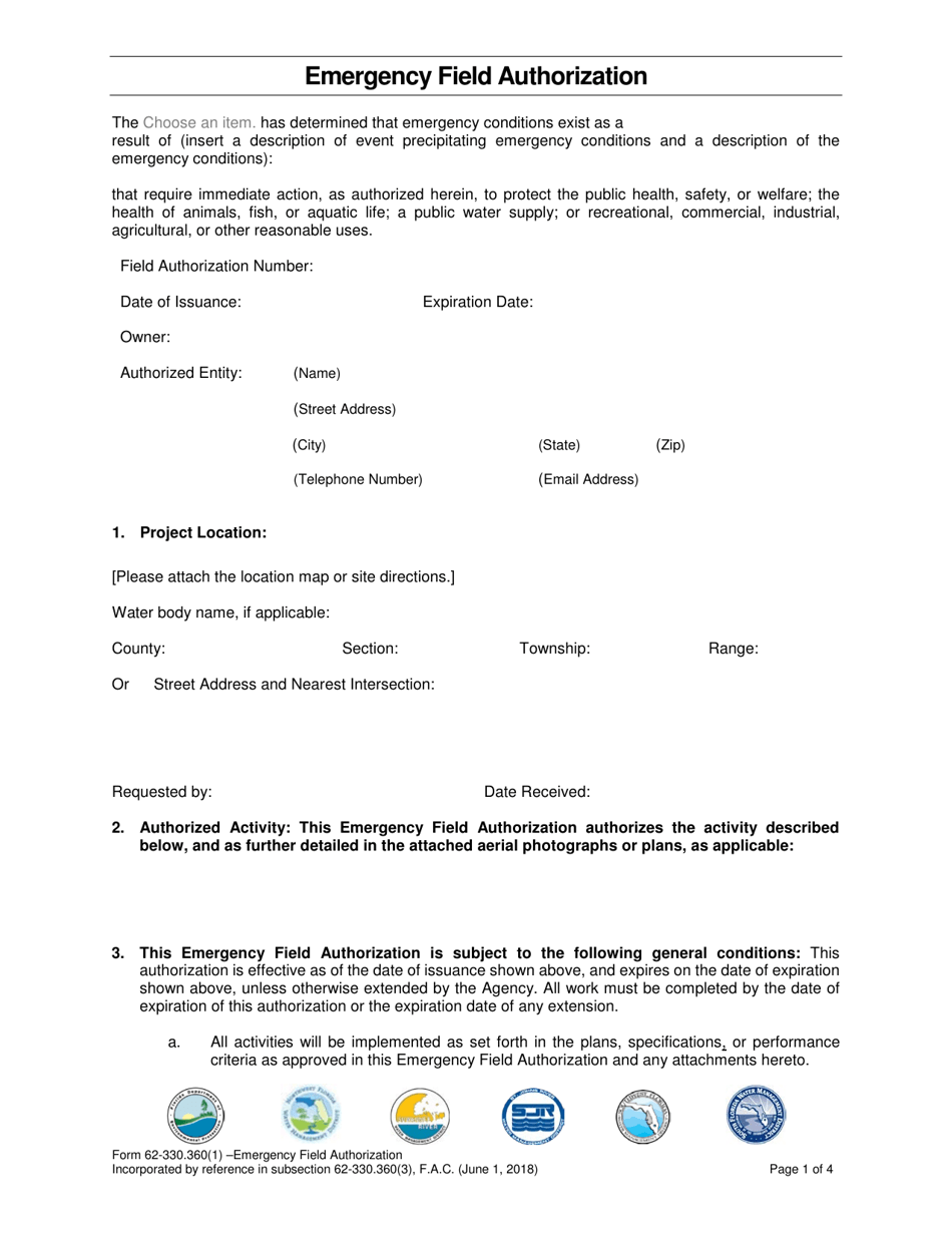 DEP Form 62-330.360(1) Emergency Field Authorization - Florida, Page 1