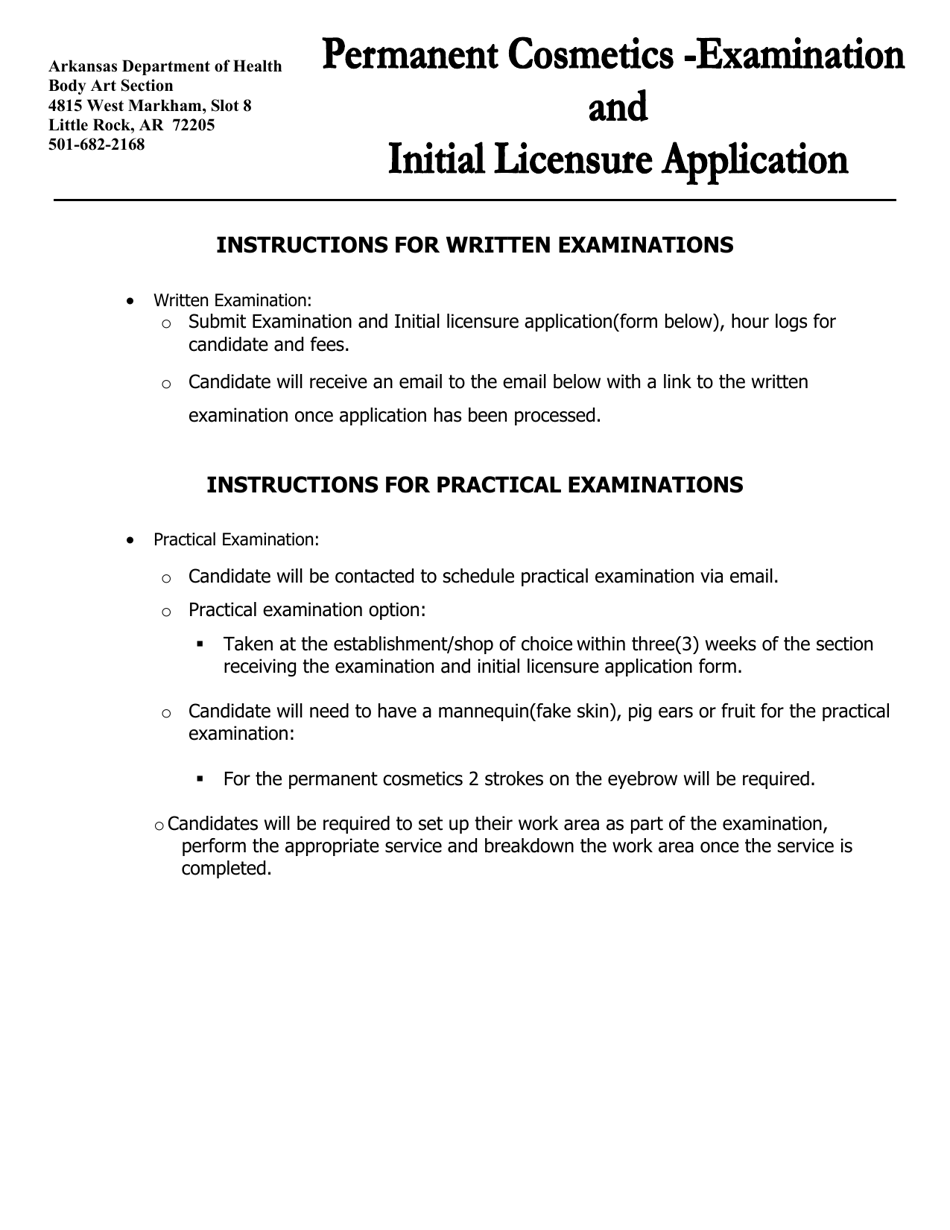 Permanent Cosmetics Examination and Initial Licensure Application - Arkansas, Page 1