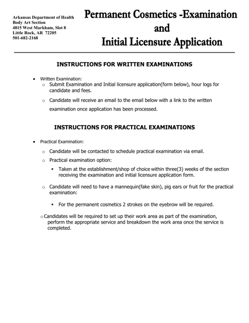 Permanent Cosmetics Examination and Initial Licensure Application - Arkansas Download Pdf