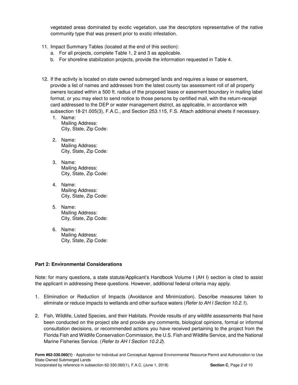 DEP Form 62-330.060(1) Section C Supplemental Information for Works or Other Activities in, on, or Over Wetlands and / or Other Surface Waters - Florida, Page 2