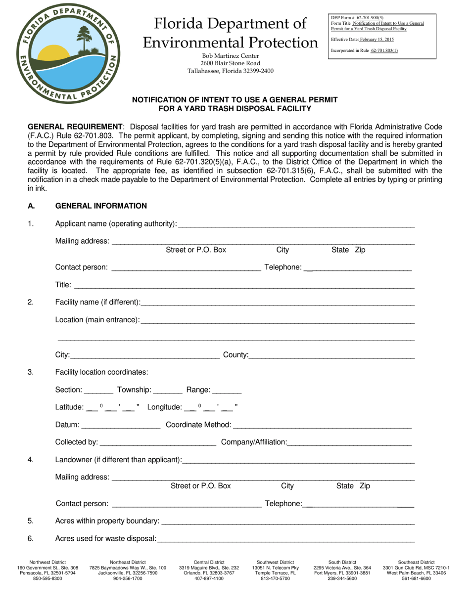 DEP Form 62-701.900(3) Notification of Intent to Use a General Permit for a Yard Trash Disposal Facility - Florida, Page 1