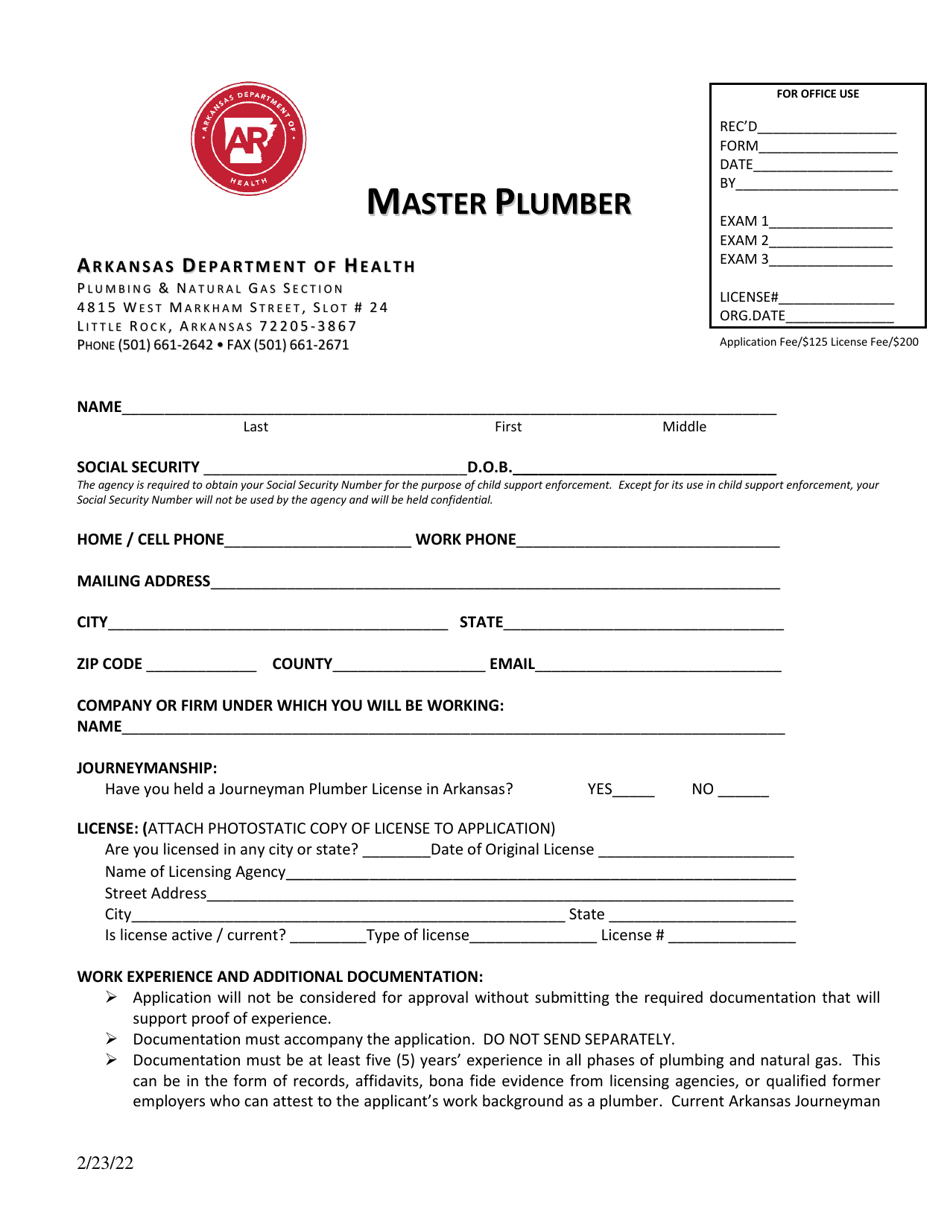 Application for Master Plumber License - Arkansas, Page 1