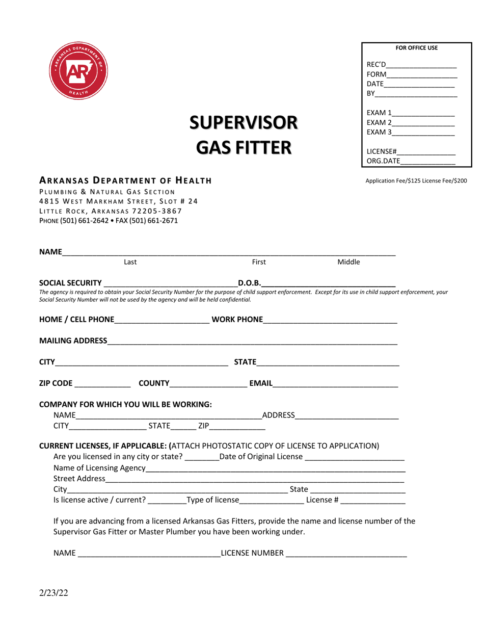 Application for Supervisor Gas Fitter License - Arkansas, Page 1