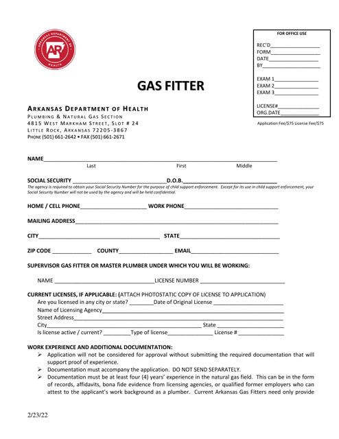 Application for Gas Fitter License - Arkansas Download Pdf