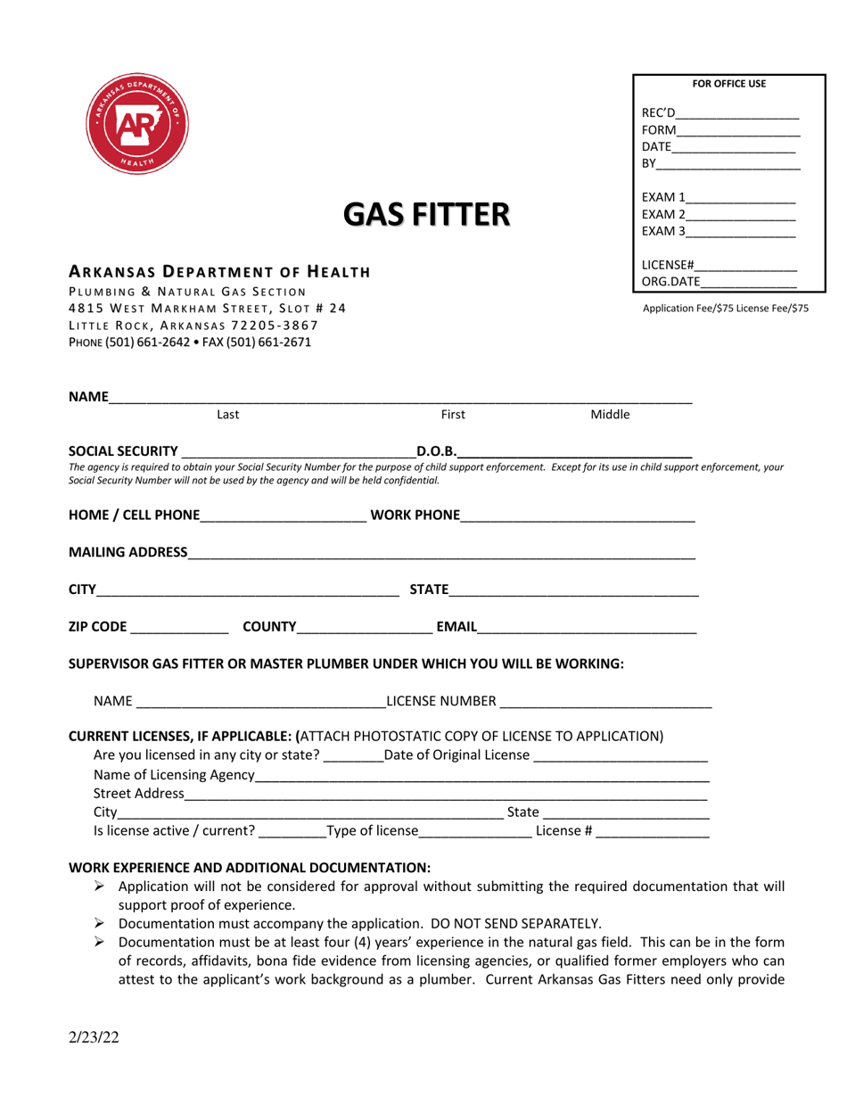 Application for Gas Fitter License - Arkansas, Page 1